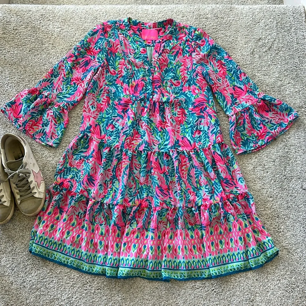 Lilly Pulitzer Gabriel Dress Surf Blue Flim Flam Engineered Print - Picture 2 of 11